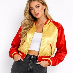 Luella for Target Satin Bomber Jacket Red Gold Cropped Varsity Style Size M Y2K